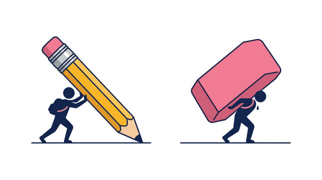 Student's educational effort: pushing a pencil and struggling with a giant eraser.