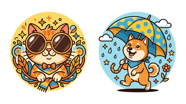 Set of two cheerful cartoon animal illustrations: a stylish cat and a happy dog in the rain.
