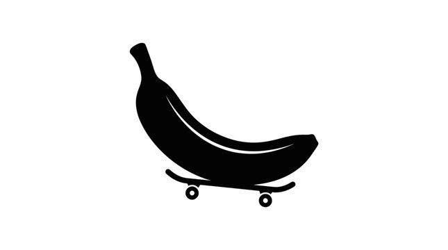 Black silhouette of a banana on a skateboard against a white background.