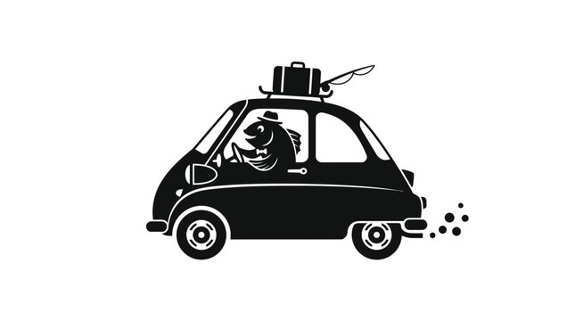A whimsical fish character drives a small car packed for a road trip.
