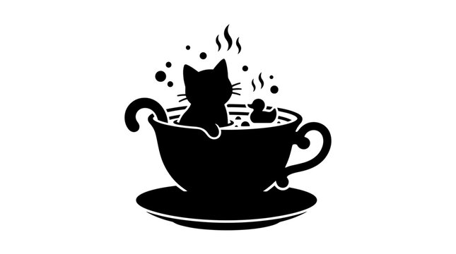 Black silhouette of a cat taking a bath in a teacup with a rubber duck.