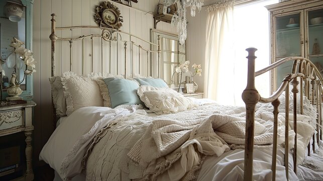 Elegant antique metal bed in a sunlit vintage bedroom with lace and pastel decor