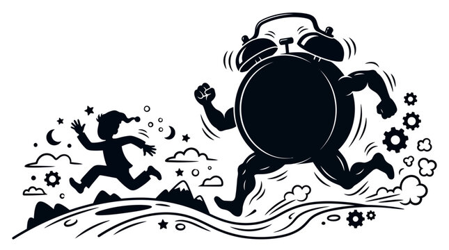 Person in nightcap runs from an aggressive alarm clock in a stylized chase.
