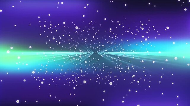 紫の深遠空間を浮遊し前進する白い量子ドットとネオングラデーション背景