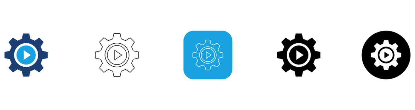 Settings Gear Icon Set with Blue Fill, Gray Outline, Blue Square White Outline, Black Fill, Black Circle White Fill Variations Collection 5 Styles Isolated on Transparent Background