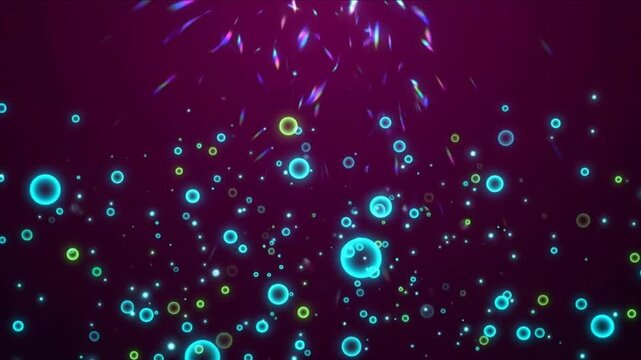 マゼンタ空間に降り注ぐ反射光と浮遊するネオン粒子の抽象CG背景