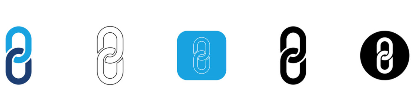 Chain Link Icon Set with Blue Fill, Black Outline, Blue Square White Outline, Black Fill, Black Circle White Fill Variations Collection 5 Styles Isolated on Transparent Background