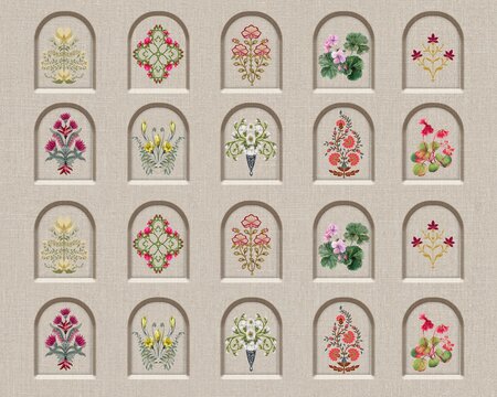 Set of 15 Mughal floral butta motifs in arches, Indian textile embroidery design