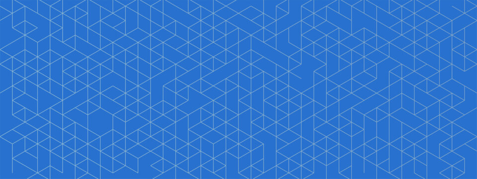 Blue isometric grid background with white geometric line pattern. Seamless cube mesh, triangle cells in repeating layout. Vector 3d depth texture. Backdrop for tech, blueprint or architect design