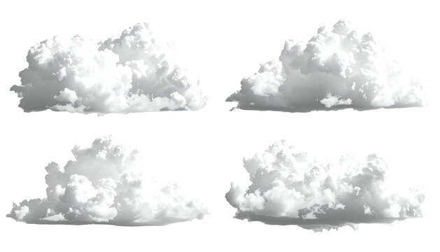 Four puffy, white cumulus clouds are arranged in a square against a transparent background, each with unique shapes and shadows