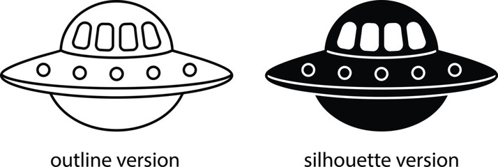 Ufo spaceship vector icons featuring outline and silhouette versions on a white background flying saucer ufo icon alien spaceship © Jannatul Ferdous