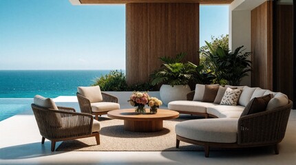 Naklejka premium Luxury outdoor lounge area with modern furniture, overlooking serene ocean view. Tropical plants surround seating area, creating tranquil resort ambiance. Perfect for relaxation and upscale living.