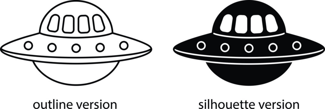 Ufo spaceship vector icons featuring outline and silhouette versions on a white background flying saucer ufo icon alien spaceship