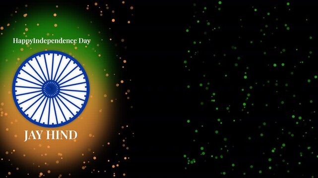 Happy independence day india greeting card design with ashoka chakra emblem and glowing particles on a overlay  background for national holiday celebration