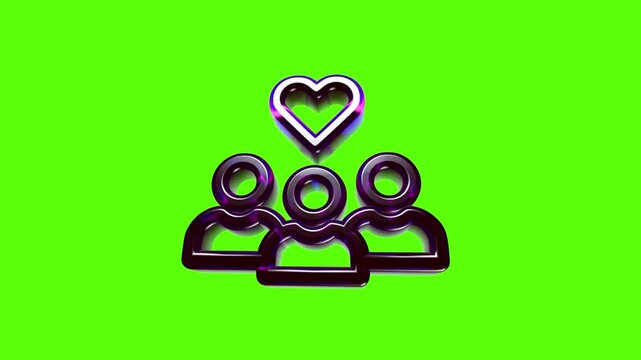 Shiny dark purple group of people icon with a heart symbol above on a bright neon green background