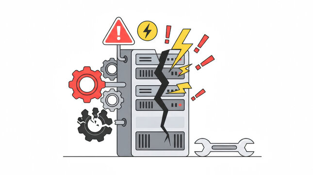 Server rack with crack and warning signs during system failure with gears and wrench isolated on transparent background