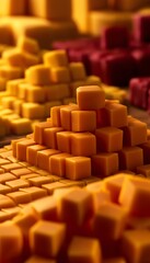 Obraz premium Artisan platter of golden orange cheddar cheese cubes arranged in neat rows under warm studio lighting