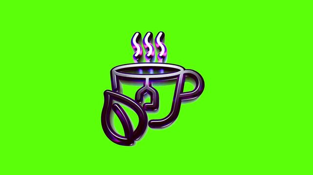 Shiny metallic hot tea cup icon with a fresh green leaf symbol on a vibrant neon green background