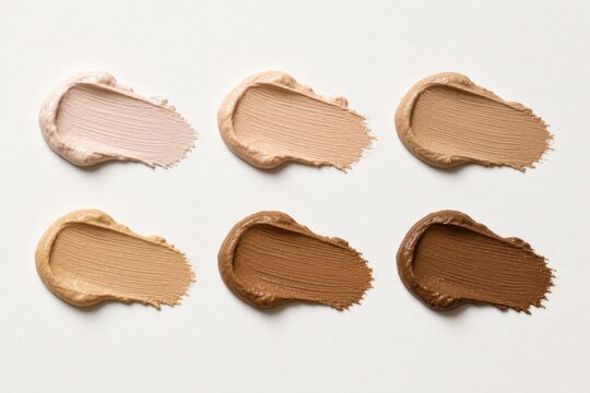 Collection of neutral and warm foundation makeup swatches in various shades, textures and brush strokes arranged in an artistic flat lay composition on a clean beige background.