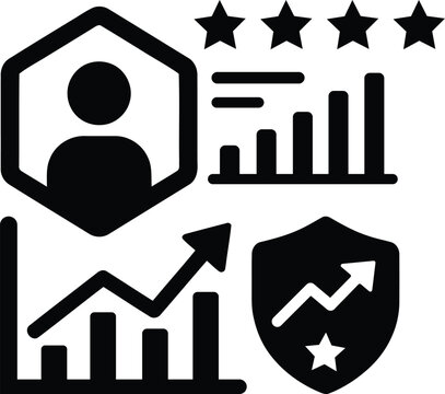 Business performance icon set featuring growth charts user profile and security shield symbols for corporate data analysis