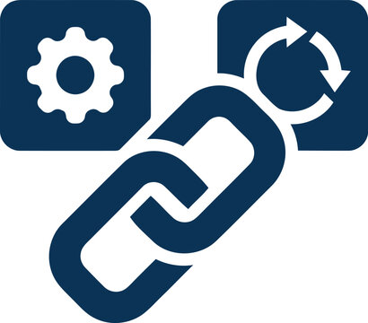 Abstract icon design featuring a metal chain link connected to gear and refresh symbols for technical concepts