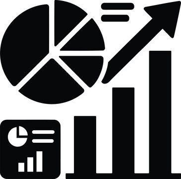 Black and white business analytics icon showing a pie chart and a rising bar graph