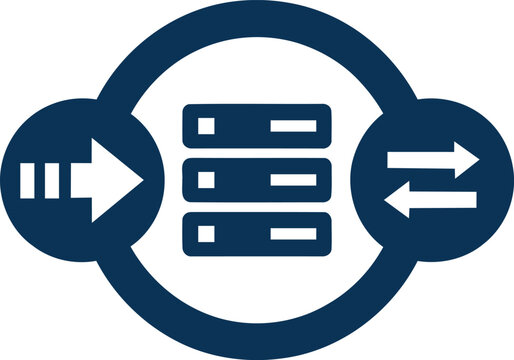 Cloud computing icon featuring a central server rack with data transfer arrows for network and storage concepts