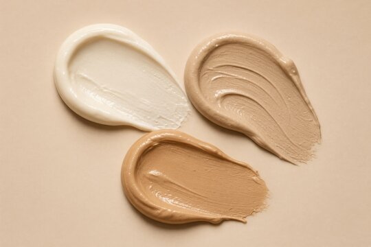 Collection of neutral and warm foundation makeup swatches in various shades, textures and brush strokes arranged in an artistic flat lay composition on a clean beige background.