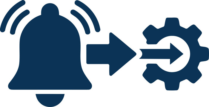 Notification bell icon connected to a gear cog wheel representing system settings and automated alert configuration