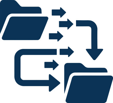 Digital file transfer icon showing folders and arrows representing data migration and information synchronization processes in computing