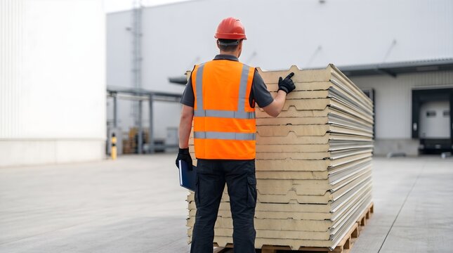 Construction worker in safety vest and hard hat inspecting stack of thermal sandwich panels at an industrial site for logistics and warehouse management efficiency