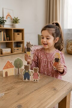 Happy child playing with paper puppets at home