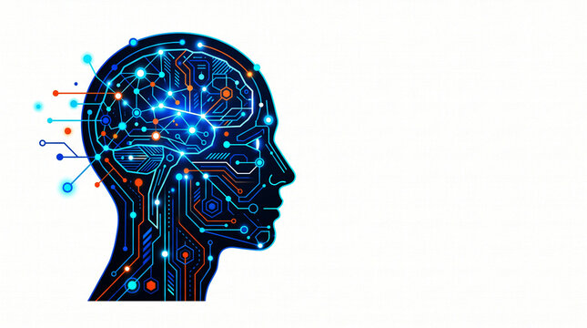 Artificial intelligence human brain concept vector featuring digital circuit board patterns and glowing neural networks