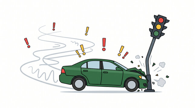Car accident illustration featuring a green sedan crashed into a traffic light pole with warning exclamation signs