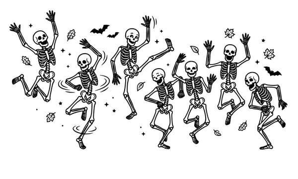 Happy dancing skeletons Halloween silhouette collection with playful poses spooky bones and festive vector illustrations isolated on white