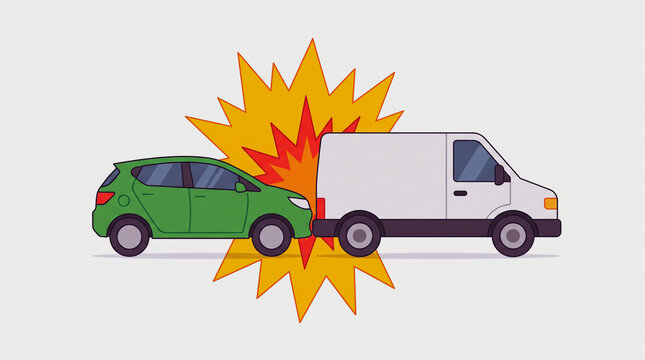 Delivery van and hatchback car collision vector concept featuring a severe rear-end crash on a highway