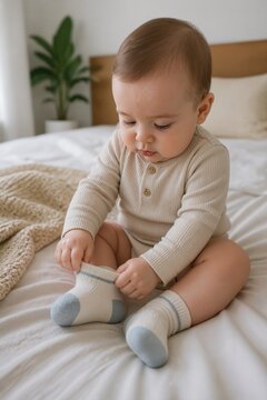 Baby playing with soft socks on a cozy bed in a bright room