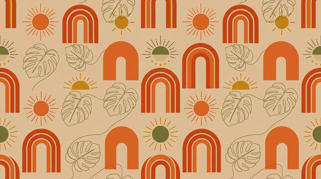 Retro bohemian seamless pattern featuring abstract suns, arches, and tropical monstera leaves
