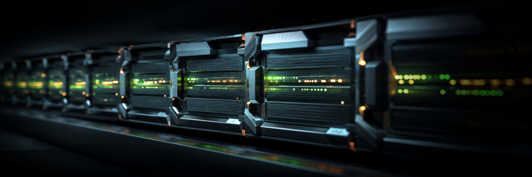 Close up server racks with green status lights in data center