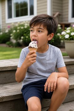 Boy enjoying ice cream cone on a warm summer day in the garden