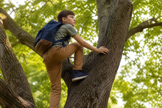 Boy climbing a tree with a backpack in a green setting