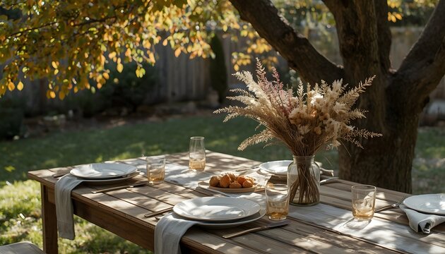 An empty outdoor wooden table under a tree shedding its first golden leaves
