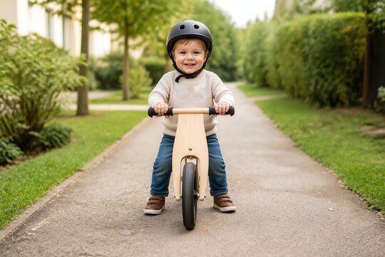 Happy child riding balance bike on sunny path surrounded by greenery