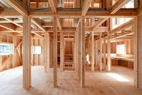 明るい日差しが降り注ぐ建設中の新築木造住宅の内部構造
