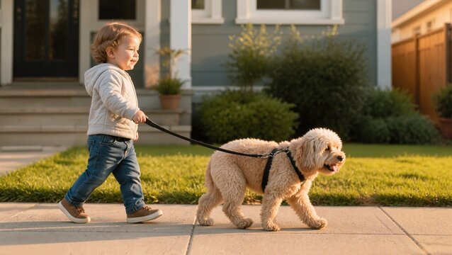 Toddler happily walking a dog on leash in a sunny neighborhood