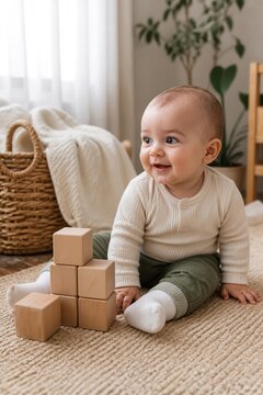 Baby smiling while playing with wooden milestone blocks in cozy room