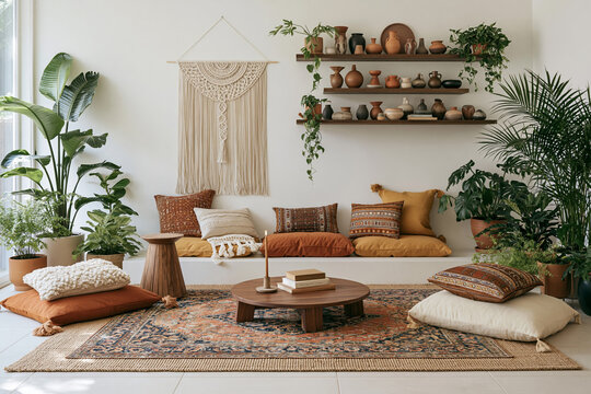 Living room featuring afro boho floor cushions in rust, mustard, and cream on a vintage rug with a wooden coffee table and macrame wall hanging