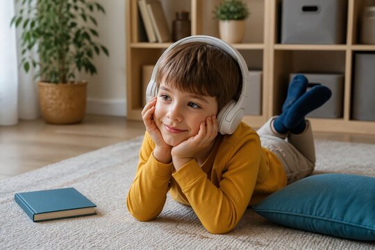 Child enjoying music while lying on the floor at home
