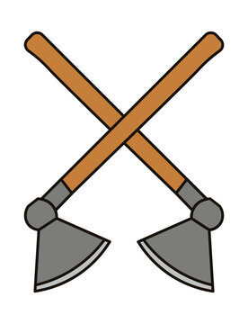 Illustration of two crossed axes with wooden handles on white background.