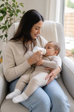Mother gently feeding baby from a bottle in a cozy home setting